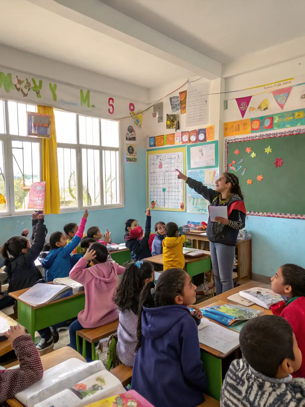 A group of young students in a classroom setting in Nepal, attentively listening to their teacher, symbolizing Laxmi Foundation's commitment to providing quality education.
