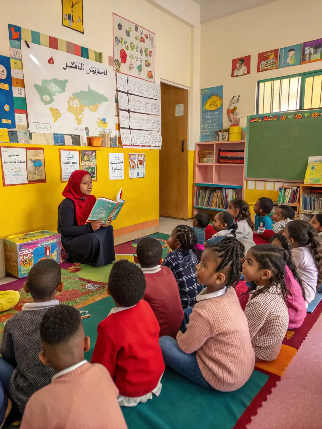 A vibrant classroom scene in Nepal, with children actively participating in a literacy lesson, showcasing Laxmi Foundation's commitment to education.