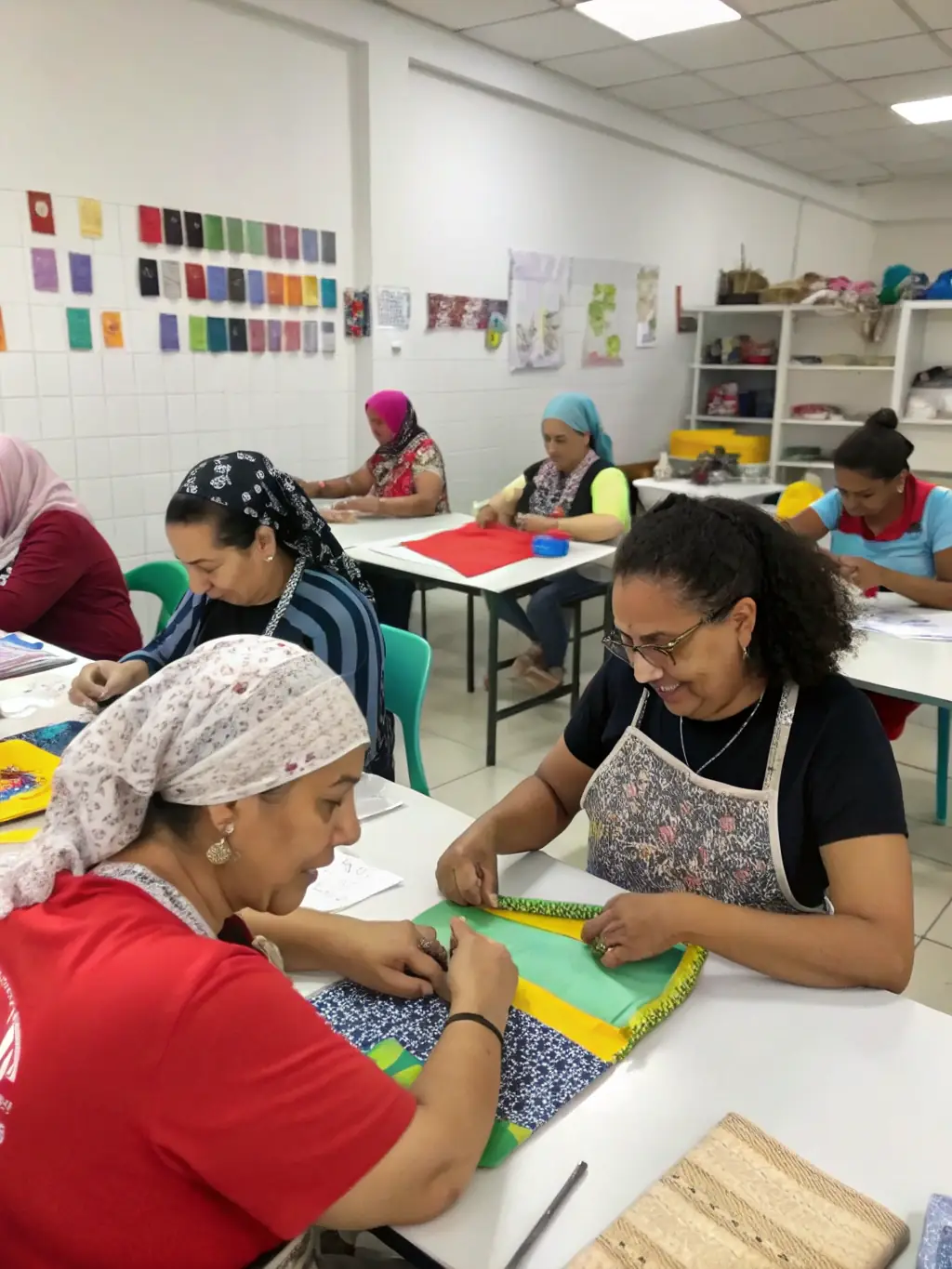 A photo of women participating in a tailoring class, learning to use sewing machines and create garments, representing Laxmi Foundation's vocational training initiatives.