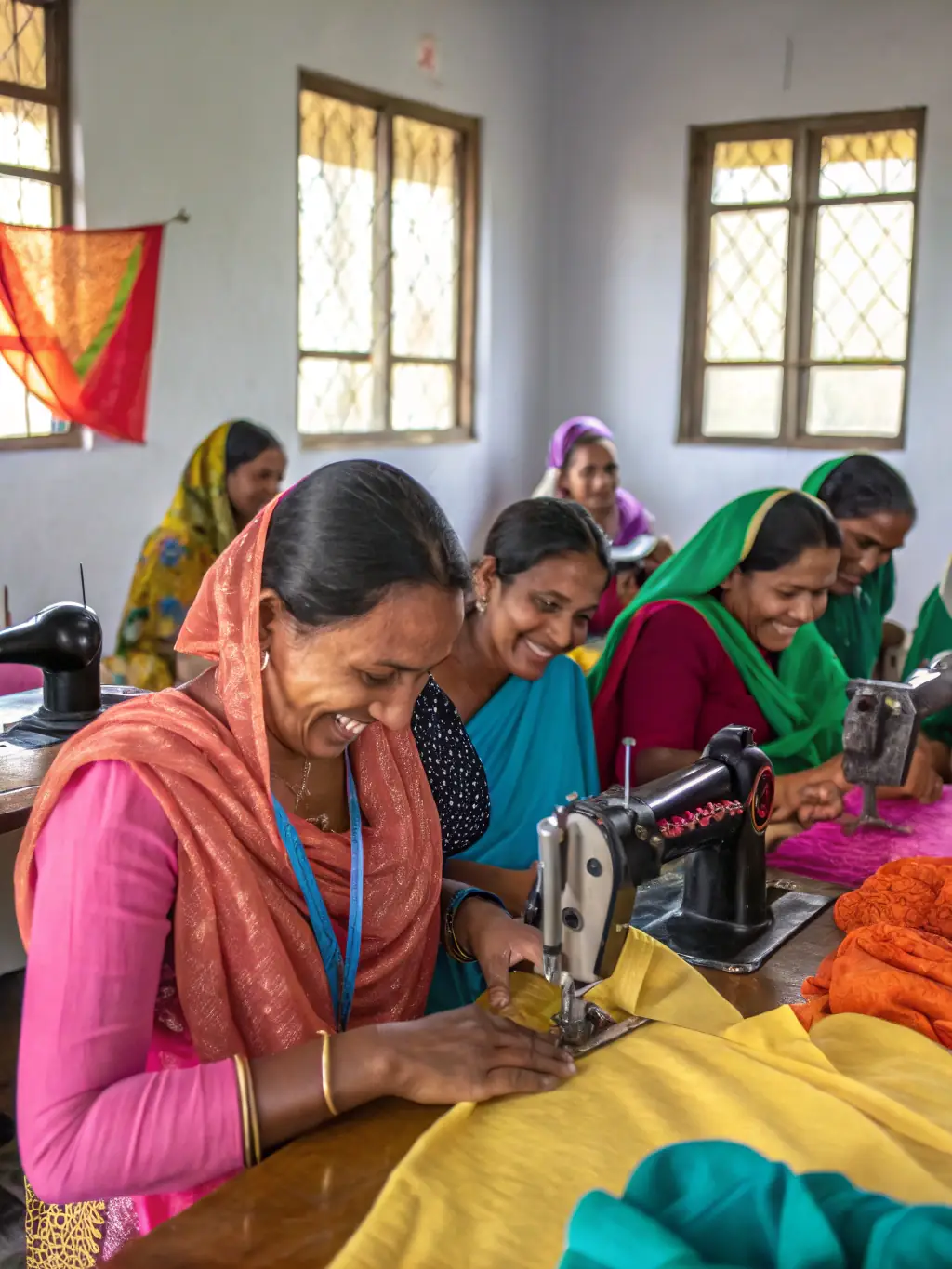A group of adults in Nepal learning tailoring skills, demonstrating Laxmi Foundation's vocational training program empowering them for self-sufficiency.